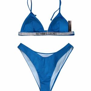 Victoria’s Secret Blue Rhinestone Logo Bikini Set | Triangle Top & Bottoms